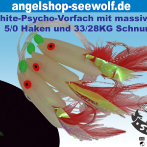 Meeres-Vorfach White Psycho Pilksystem mit 3 Haken Fluo-Fischköpfen roten Federn Leuchtperlen und Glitterstreifen